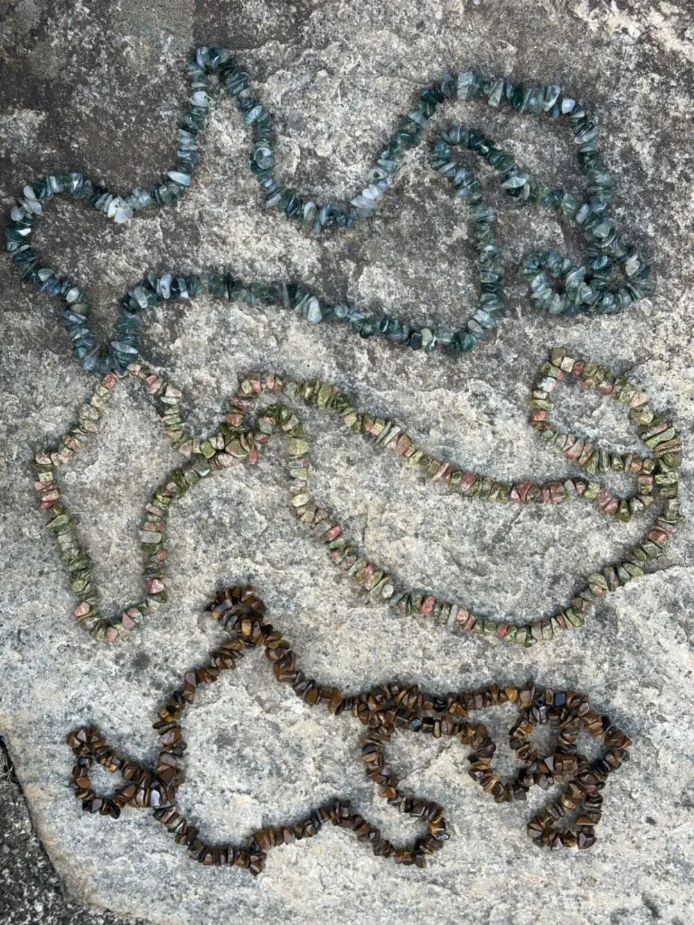 Boho Natural Stone Chip Necklace Bundle Tiger's Eye Unakite Moss Agate Long 32